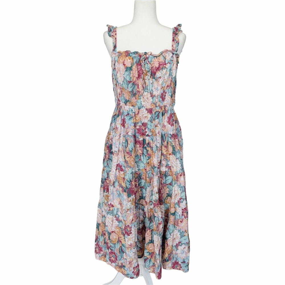 Lulus Blue Pink White Floral Ruffled Smocked Bodice Midi Sundress Size XL - Picture 1 of 9